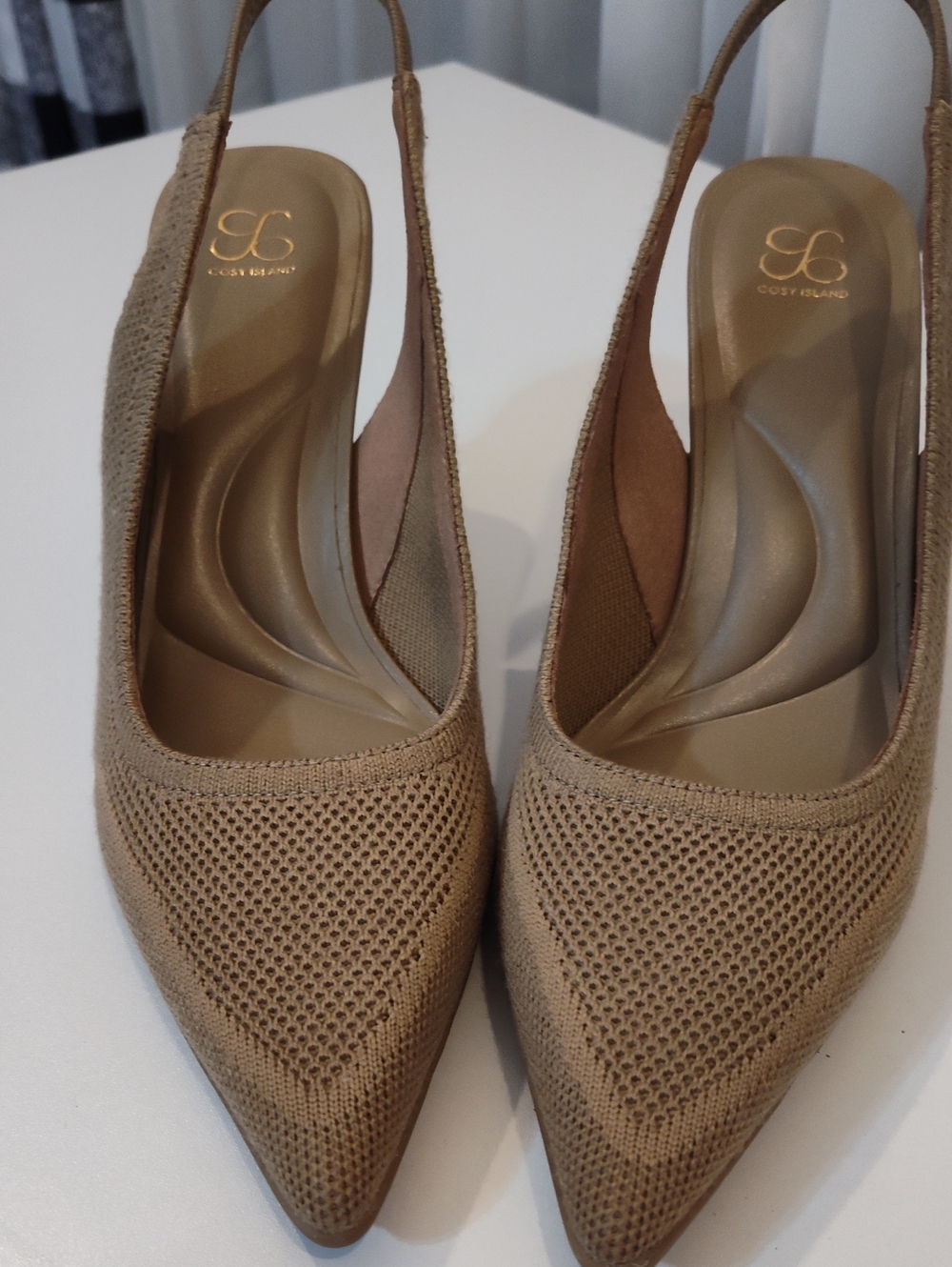 Tan Pointed-Toe Slingback Heels
